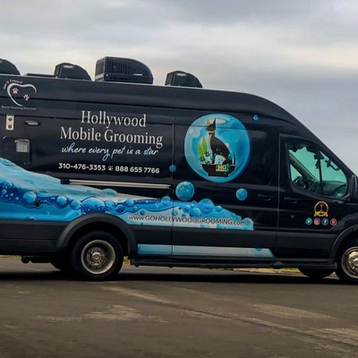 Go Hollywood Grooming mobile spa van parked at the coast